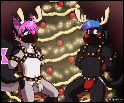 2017 2boys anthro antlers arachnid arthropod artist_name balls barbell_piercing bell bell_harness belt black_body black_border black_fur blue_hair blush bondage border bound bulge canid canine cel_shading chair chair_bondage chastity_cage chastity_device christmas christmas_lights christmas_ornament christmas_tree clothing darkwraith digital_media_(artwork) duo ear_piercing embarrassed felid feline_tail femboy femboy_only fluffy fluffy_tail fox front_view fur furniture garland genitals gradient_background hair hands_behind_back harness holidays horn hybrid inside jockstrap lock looking_aside looking_down male mammal mostly_nude muzzle_(object) muzzled on_chair padlock pantherine piercing pink_eyes pink_hair plant rainbow_piercings restrained_arms ring_piercing rope shaded signature simple_background sitting slim_male slimmy_spidox spider submissive submissive_male tail tan_body tan_fur text tree underwear url vir-no-vigoratus wood wood_chair wood_furniture worried_look yellow_eyes