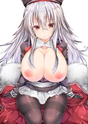 areolae azur_lane bangs black_legwear blush breasts breasts_out cape cape_removed cleavage collared_shirt commentary_request eyebrows_visible_through_hair female fur-trimmed_cape fur_trim gloves graf_zeppelin_(azur_lane) hair_between_eyes hat highres huge_breasts iron_cross jacket large_breasts long_hair looking_at_viewer messy_hair military military_uniform mutou_(94753939) nipples no_bra pantyhose peaked_cap red_eyes shirt sidelocks silver_hair sitting skindentation skirt solo thighband_pantyhose uniform very_long_hair