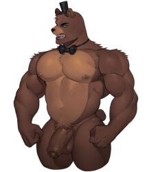 angry animatronic bear beefy black_bowtie black_clothing black_hat black_headwear blue_eyes bow_tie clothing daddy ears_up five_nights_at_freddy's freddy_(fnaf) fur furry_only genitals hat headgear headwear kato200_0 machine male male_only mammal manly moobs muscular muscular_male penis robot scottgames simple_background snout solo tail teeth_showing tough_guy vein white_background