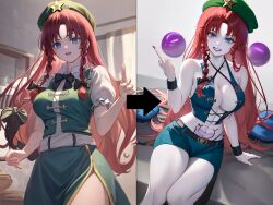 ai_generated attitude_adjustment before_and_after brainwashing breast_expansion corruption fairy_tail female femsub fully_clothed good_girl_gone_goth gothification gothified hair_color_change hair_growth hong_meiling huge_ass huge_breasts midriff npg8993 personality_change post_transformation pre-transformation rock_of_succubus skin_color_change thick_thighs thigh_expansion touhou transformation wide_hips