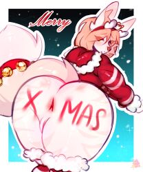 accessory anal anus ass bell canid canine canis christmas clothing female fluffy fluffy_tail fox genitals hair headband hi_res holidays hoodie hybrid legwear mammal merry_christmas orange_hair pussy red_clothing red_hoodie red_legwear red_stockings red_topwear shy solo solo_focus stockings tail topwear tylerayrton wolf