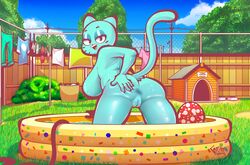 2020 anthro anus ass ass_grab ass_stretch backyard ball beach_ball blue_body blue_fur breasts cartoon_network domestic_cat felid feline felis female fur genitals half-closed_eyes hand_on_butt hi_res kiddie_pool laundry laundry_basket looking_back mammal mature_female narrowed_eyes nicole_watterson nude open_mouth outside presenting pussy raised_tail solo spread_butt spreading the_amazing_world_of_gumball tophatmahoney