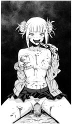1boy bags_under_eyes blood blood_on_clothes blunt_bangs blush boku_no_hero_academia border breasts breasts_apart cardigan censored chinese_commentary commentary_request cowgirl_position double_bun english_commentary female female_pubic_hair grabbing_own_breast greyscale hair_bun highres himiko_toga holding holding_knife knife large_breasts licking licking_blade licking_blood licking_weapon long_sleeves male_pubic_hair messy_hair mixed-language_commentary monochrome mosaic_censoring my_hero_academia navel nipples open_mouth penis pleated_skirt pov pubic_hair pussy qisu sex short_bangs short_hair sidelocks skirt smile solo_focus straddling straight toga_himiko tongue tongue_out upturned_eyes vaginal_penetration weapon