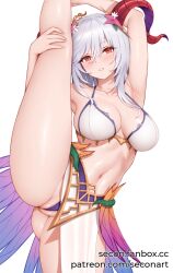 1girls alternate_costume bikini blue_hair blush breasts curled_horns female female_only fire_emblem fire_emblem_heroes flexible flower flower_necklace freyja_(fire_emblem) freyja_(summer)_(fire_emblem) goat_horns grey_hair hair_flower hair_ornament highres horns large_breasts leg_hold leg_lift leg_up long_hair looking_at_viewer multicolored_hair navel nintendo official_alternate_costume parted_lips partially_visible_vulva red_eyes red_horns secon solo split standing standing_on_one_leg standing_split swimsuit thorns white_bikini white_hair white_swimsuit