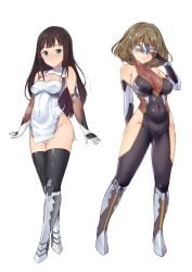 2girls aqua_eyes bare_shoulders black_legwear blush bodysuit breasts brown_hair cleavage closed_mouth commentary_request cosplay covered_navel covered_nipples eye_mask fishnets full_body gloves hand_up highres idolmaster idolmaster_cinderella_girls long_hair looking_at_viewer medium_hair multiple_girls nakasima-syouta oboro_(taimanin_asagi) oboro_(taimanin_asagi)_(cosplay) photoshop_(medium) shibuya_rin simple_background smile taimanin_(series) taimanin_suit takagaki_kaede thighhighs white_background yatsu_murasaki yatsu_murasaki_(cosplay)