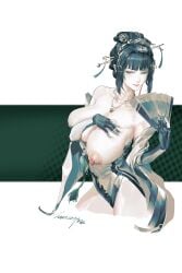 1girls artist_name artist_request black_hair breasts breasts_out fan female green_hair hair_ornament hanying huge_breasts lactation punishing:_gray_raven robot_girl solo standing tied_hair