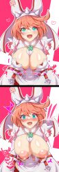 accidental_circumstance big_breasts blush blushing breasts dangling_breasts elphelt_valentine embarrassed exposed_breasts guilty_gear kumanosita large_breasts nipples pink_hair teal_eyes wardrobe_malfunction