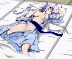 ahoge areola_slip bad_anatomy bad_perspective blush breasts convenient_censoring female frown grey_hair hair_censor highres japanese_clothes kimono kyomeihibiki large_breasts long_hair looking_at_viewer low_twintails lying naked_kimono on_back purple_eyes senki_zesshou_symphogear solo twintails very_long_hair yukata yukine_chris