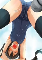 armpits azusa_nakano_(k-on!) black_hair black_legwear blush breasts closed_eyes commentary covered_nipples female female_orgasm from_below fu-ta graphite_(medium) hitachi_magic_wand human human_only k-on! open_mouth pussy_juice reflection saliva saliva_trail school_swimsuit small_breasts solo swimsuit thighhighs traditional_media vibrator wet_clothes wet_pussy white_background