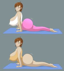 1girls 2018 artist_signature big_ass big_breasts blush bootijuse brown_hair curvy dated duplicate erect_nipples erect_nipples_under_clothes exercise female female_only giant_ass green_eyes grey_background hi_res huge_ass jiggle leotard looking_at_ass lying milf pink_legwear raised_eyebrows short_hair side_view solo solo_female white_shirt yoga yoga_mat yoga_milf yoga_pants