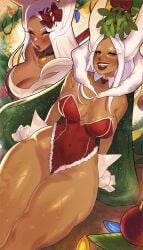 1girls animal_ears blush bunny_ears bunny_girl christmas cinnabarbie dark-skinned_female dark_skin female female_only gloves hi_res holly_(plant) humanoid leotard long_hair looking_at_viewer miruko my_hero_academia neck_bell no_visible_genitalia orange_eyes red_berries red_lipstick rumi_usagiyama smiling smiling_at_viewer solo thick_thighs white_hair