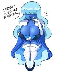 big_lips blue_hair blue_skin cartoon_network dress garters gem_(species) gloves hair_over_eyes heels humanoid lifting_skirt lips sapphire_(steven_universe) shortstack solo speech_bubble squidapple steven_universe stockings thick_lips