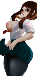 big_breasts brown_eyes brown_hair female female_only looking_at_viewer lyn_nyl my_hero_academia nipples ochako_uraraka school_uniform short_hair solo solo_female solo_focus tights u.a._school_uniform