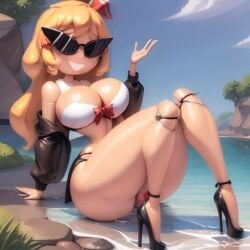 ai_generated armpits ass bimbo bimbo_body bimbofication bimbofied body_modification bra breasts dollification female high_heels implied_transformation jacket knick_knack npg8993 permanent_smile rumia smile sunglasses sunnification thick_thighs thin_waist tinted_eyewear touhou transformation wide_hips