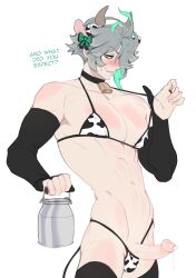 1boy alhaitham_(genshin_impact) balls_in_panties balls_under_clothes blush cow_headband cow_print cow_print_bikini cow_print_lingerie cowbell cum cum_drip cum_dripping cum_dripping_from_penis cumming genshin_impact grey_hair ilewdha male_only