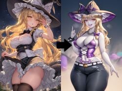 ai_generated attitude_adjustment before_and_after brainwashing breast_expansion corruption fairy_tail female femsub fully_clothed gothification gothified hair_color_change hair_growth huge_ass huge_breasts marisa_kirisame midriff npg8993 personality_change post_transformation pre-transformation rock_of_succubus skin_color_change thick_thighs thigh_expansion touhou transformation wide_hips