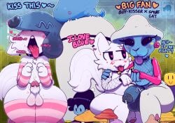 absurd_res afro_chan332 anthro balls big_balls big_penis blue_smurf_cat boy_kisser_(meme) duo english_text femboy gay genitals girly hi_res male male/male male_only meme penis sex shalushai silly_cat_(mauzymice) smurf_cat we_live_we_love_we_lie