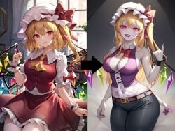 ai_generated attitude_adjustment before_and_after brainwashing breast_expansion corruption enemy_conversion fairy_tail female femsub flandre_scarlet fully_clothed good_girl_gone_goth gothification gothified hair_color_change hair_growth huge_ass huge_breasts midriff npg8993 personality_change post_transformation pre-transformation rock_of_succubus skin_color_change thick_thighs thigh_expansion touhou transformation wide_hips