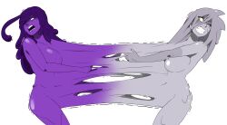 2girls angry fusion idolmonkeh nipples purple_eyes purple_hair purple_skin queen_(doodledowd) silver_hair slime_girl yellow_eyes zinc_(idolmonkeh)