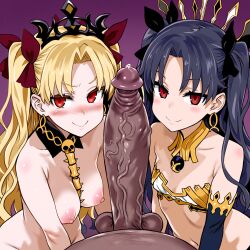 2girls ai_generated big_dick big_penis breasts cock_shock ereshkigal_(fate) fate/grand_order fate_(series) female huge_cock imminent_fellatio ishtar_(fate) large_breasts large_penis long_penis looking_at_viewer male massive_penis penis_awe pov small_breasts testicles veiny_penis yamatoai