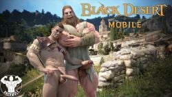 2boys bara berserker_(black_desert) black_desert black_desert_online dazswole giant interspecies male_focus male_only mobile_game mobile_game_ad outdoors penis touching_penis yaoi