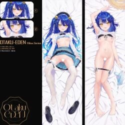 ahoge amamiya_kokoro amamiya_kokoro_(7th_costume) arm_up armpits artist_name bar_censor barefoot bed_sheet bell beret bikini bikini_bottom_pull bikini_top_lift black_bikini black_bow black_bowtie black_footwear black_headwear blue_bra blue_hair blue_skirt blush bow bowtie bra bra_lift breasts breasts_out censored clothes_lift dakimakura_(medium) dakimakura_design dorsiflexion eyelashes feet female frilled_shirt frilled_sleeves frills from_above full_body gradient_hair hair_bell hair_ornament hat juliet_sleeves knees_together_feet_apart kou_futoshi legs loafers long_hair long_sleeves looking_at_viewer lying medium_hair multicolored_hair multiple_views navel nijisanji no_shoes off_shoulder on_back open_mouth panties panties_around_one_leg parted_bangs pleated_skirt puffy_sleeves pussy see-through see-through_shirt shirt shirt_lift shoes short_sleeves side-tie_bikini_bottom skirt skirt_lift small_breasts stomach straw_hat suspender_skirt suspenders swimsuit toenails toes underwear unworn_hat unworn_headwear unworn_shoes virtual_youtuber water_gun white_panties white_shirt x_hair_ornament yellow_eyes