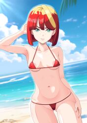 1girls areola_slip areolae beach bikini breasts female female_focus female_only green_eyes light-skinned_female light_skin medium_breasts mela_(pokemon) micro_bikini nintendo nipples nipples_visible_through_clothing outdoors pokemon pokemon_sv red_hair s.forest short_hair thick_thighs two_tone_hair