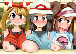 3girls aged_up alternate_breast_size areolae assisted_exposure big_breasts black_hair blush breast_envy breast_rest breast_size_difference breasts_out brown_hair double_bun embarrassed female female_only fully_clothed grey_eyes hat heppushu huge_breasts human jealous leaf_(pokemon) long_hair may_(pokemon) may_(pokemon_oras) multiple_girls nintendo nipples one_breast_out pokemon pokemon_bw2 pokemon_oras pokemon_rgby resting_breasts rosa_(pokemon) small_breasts twintails