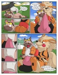 animal_genitalia animal_penis arcanine boltund canid canine canine_genitalia canine_penis comic dweet-tea english_text eyewear female feral generation_1_pokemon generation_7_pokemon generation_8_pokemon genitals glasses grass group hi_res male mammal nintendo penis plant pokemon pokemon_(species) pokemon_daycare pussy rockruff size_difference tail text trio