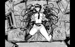 arms_up bakemonogatari between_breasts blush breasts censored censored_nipples chinese_commentary closed_mouth commentary_request desk english_commentary eraser female from_above full_body greyscale long_hair looking_at_viewer medium_bangs mixed-language_commentary monochrome monogatari_(series) mosaic_censoring necktie necktie_between_breasts nipples nose_blush object_insertion on_desk one_eye_closed pencil protractor pussy pussy_juice qisu school_desk senjougahara_hitagi shirt skirt smile solo thighhighs tongue tongue_out vaginal_object_insertion vaginal_penetration