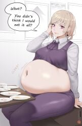 bbw belly_overhang big_belly big_breasts big_female blush chainsaw_man chubby chubby_female eating_food embarrassed fami_(chainsaw_man) fat fat_ass fat_belly fat_female fat_fetish fat_girl fat_woman fatty feeding huge_belly kipteitei large_female navel obese obese_female overweight overweight_female plump pork_chop stomach_noises thick_thighs tummy weight_gain