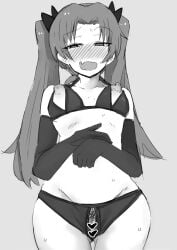 bad_id bad_pixiv_id blush bra breasts censored crotchless crotchless_panties cupless_bra female girls_und_panzer kadotani_anzu looking_at_viewer medium_breasts monochrome ngc20701 nipples oerba_yun_fang open_mouth panties pubic_hair pussy solo sweat twintails underwear