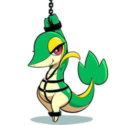 1:1 ai_generated anthro bondage bondage bound chains cuff_(restraint) female feral generation_5_pokemon hellsonger hi_res nintendo pokemon pokemon_(species) red_eyes reptile restraints scalie shackles simple_background snivy solo white_backgro