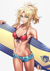 bikini bikini_top_only blonde_hair braid commentary_request fate/grand_order fate_(series) female front-tie_bikini_top front-tie_top green_eyes highres holding holding_behind_back holding_surfboard looking_at_viewer mordred_(fate) mordred_(swimsuit_rider) mordred_(swimsuit_rider)_(fate) mordred_(swimsuit_rider)_(first_ascension)_(fate) partial_commentary prydwen_(fate) red_bikini red_scrunchie scrunchie short_shorts shorts simple_background solo surfboard swimsuit tenobe