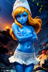 ai_generated arms_crossed blonde_hair blue_skin blush brown_eyes female female_focus hat long_hair looking_at_viewer miniskirt nature navel nipples peyo_(copyright) small_breasts smurfette the_smurfs topless younger_female