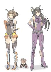 3girls alternate_costume animal animalization bare_shoulders black_hair bodysuit breasts brown_hair chains cosplay female_only gloves green_eyes hair_ornament hamster headgear high_heels igawa_asagi igawa_asagi_(cosplay) igawa_sakura igawa_sakura_(cosplay) k@non kantai_collection katana long_hair look-alike medium_breasts mizuki_yukikaze mizuki_yukikaze_(cosplay) multiple_girls mutsu_(kantai_collection) nagato_(kantai_collection) name_connection purple_bodysuit red_eyes sheath sheathed short_hair sword taimanin_(series) taimanin_asagi taimanin_suit taimanin_yukikaze weapon white_background yukikaze_(hamster) yukikaze_(kantai_collection)