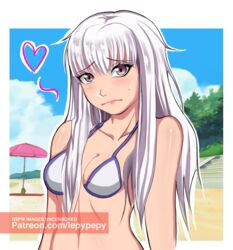 1girls beach bikini embarrassed female female_only fire_emblem fire_emblem:_three_houses heart lepypepy long_hair lysithea_von_ordelia solo white_hair