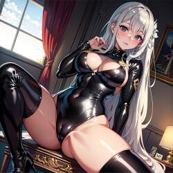 ai_generated big_breasts black_suit breast breasts latex pussy tight_clothing tight_latex white_hair