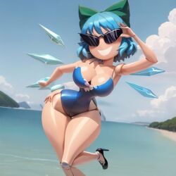 ai_generated armpits ass bimbo bimbo_body bimbofication bimbofied body_modification breasts cirno dollification female high_heels implied_transformation knick_knack npg8993 permanent_smile smile sunglasses sunnification sunny_miami thick_thighs thin_waist touhou transformation wide_hips