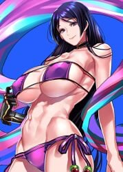 abs bare_shoulders bikini blush breasts cleavage collarbone commentary_request eyepatch_bikini fate/grand_order fate_(series) female large_breasts long_hair looking_at_viewer minamoto_no_raikou_(fate) minamoto_no_raikou_(fate/grand_order) minamoto_no_raikou_(swimsuit_lancer)_(fate) minamoto_no_raikou_(swimsuit_lancer)_(third_ascension)_(fate) navel purple_bikini purple_eyes purple_hair smile solo swimsuit tenobe very_long_hair