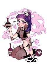 1girls bangs bikini_top blunt_bangs bottle brittsart cute ear_piercing earrings eyebrow_piercing female female_focus female_only fishnet_legwear fishnet_shirt fishnet_stockings fishnet_topwear fishnets girl halloween midriff pinup potion potion_bottle purple_eyes purple_hair skull skull_and_crossbones skull_hair_ornament sparkles spider_web_tattoo spilled_liquid stockings tattoo tattooed_arm tattoos thighhighs thong tongue tongue_out tongue_piercing white_background