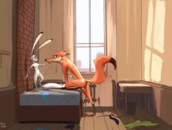 anthro balls canid canine clothing disney duo falseseke female fox genitals judy_hopps lagomorph leporid male mammal nick_wilde nude pussy rabbit scattered_clothing small_breasts straight suggestive zootopia