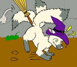 accident ambiguous_gender ambiguous_penetration broom canid canine cleaning_tool feral fox fur gl17chw3rk5_(artist) humor mammal multi_tail penetration solo tail white_body white_fur yellow_eyes