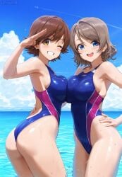 ai_generated ass blue_eyes breasts brown_hair competition_swimsuit honda_mio idolmaster large_breasts legs love_live! love_live!_sunshine!! multiple_girls one-piece_swimsuit short_hair swimsuit the_idolm@ster thighs watanabe_you yellow_eyes