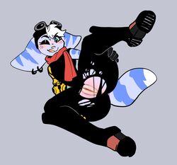 anthro billieboypup biped blue_eyes clothed clothing digital_media_(artwork) ear_piercing eyewear female fur genitals goggles lombax mammal neckerchief piercing ratchet_and_clank rift_apart_lombax rivet_(ratchet_and_clank) simple_background solo stripes tongue tongue_out video_games