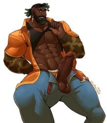 abs balls bara big_balls big_chest big_pecs big_penis boner chest cock dark-skinned_male erection heartsteel_k'sante heartsteel_series huge_cock jacket_open k'sante large_pectorals league_of_legends looking_at_viewer male male_focus male_only muscular muscular_male nipple open_clothes open_pants pecs pectorals penis penis_out penis_out_of_underwear solo solo_focus solo_male tank_top underwear wolfshirtart