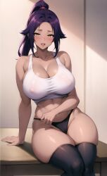 1girls ai_generated bleach breasts brown_skin dark-skinned_female dark_skin female hi_res huge_breasts long_hair panties purple_hair shihouin_yoruichi stable_diffusion stuffyai tank_top yellow_eyes