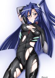 blue_eyes blue_hair blush breasts cleavage closed_mouth commentary_request cosplay female highres kazanari_tsubasa kyomeihibiki long_hair medium_breasts neon_genesis_evangelion one_side_up plugsuit rei_ayanami rei_ayanami_(cosplay) senki_zesshou_symphogear shiny_clothes shiny_skin solo torn_clothes