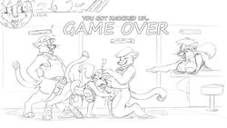 ! 16:9 2boys 2girls anthro anthro_on_anthro anthro_penetrated anthro_penetrating anthro_penetrating_anthro balls bar_stool barefoot bottomless bottomwear breasts chest_tuft closed_eyes clothed clothing comic_sans dipstick_ears dipstick_tail domestic_cat domination english_text erection eyebrows eyewear felid feline felis female female_penetrated femsub footwear furfragged furniture game_over gameplay_mechanics genitals gesture glans glasses group group_sex gui hair hat head_grab headgear headwear humanoid_genitalia humanoid_penis impregnation kneeling laugh lisa_(furfragged) male male/female male_penetrating male_penetrating_female maledom mammal monochrome multicolored_ears multicolored_tail nipples open_mouth open_smile oral penetration penile penile_penetration penis penis_in_pussy pointing ponytail public raised_tail sandals sex shirt skirt smile spitroast standing stool straight tank_top text threesome topwear tuft unwanted_ejaculation unwanted_impregnation vaginal_penetration whiskers widescreen