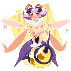 1girls antennae areolae aroused_smile bee blush clothing darkstalkers drooling erection exposed_breasts forbiddenchees8 half-dressed large_breasts pink_nipples q-bee squeezing_breast stinger vampire_(game) wings